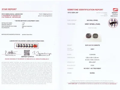 Certificate Paar burmesische graue Spinelle im Kissenschliff von 1,55 ct