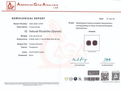 Certificate Par de piedras preciosas de rodolita morada de talla cojín de 6,62 ct, Tanzania