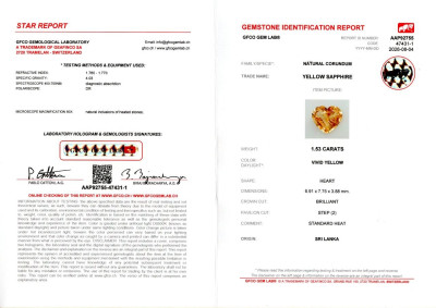 Certificate Saphir Vivid Yellow  jaune taille cœur 1,53 carat, Sri Lanka