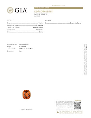 Certificate Spessartin-granat im cushion-schliff 8,77 karat, Afrika