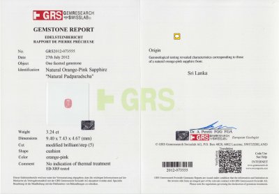 Certificate Saphir padparadscha non chauffé 3,24 carats, Sri Lanka, GRS
