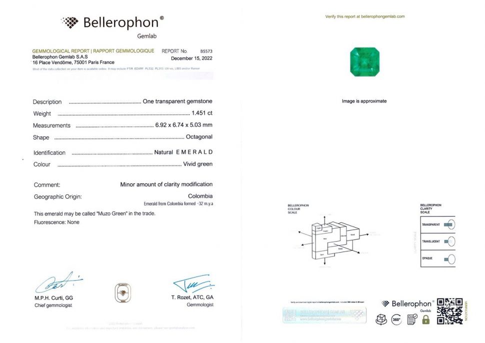 Certificate Bright Colombian emerald 1.45 ct