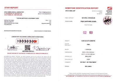 Certificate Pair of unheated cushion-cut pink sapphires 1.00 ct, Sri Lanka
