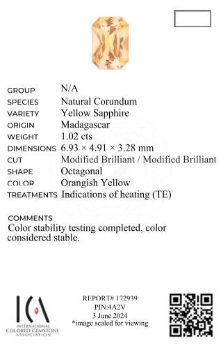 Yellow radiant cut sapphire 1.02 carats, Madagascar Image №2