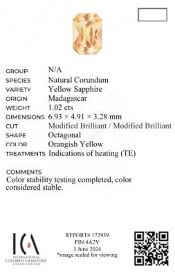 Certificate Yellow radiant cut sapphire 1.02 carats, Madagascar