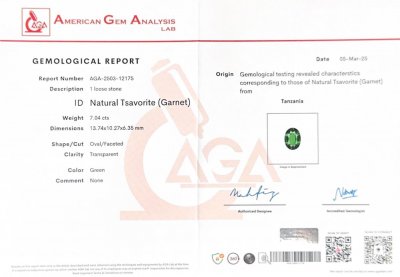 Certificate Grenat tsavorite taille ovale vert vif 7,04 ct Tanzanie 