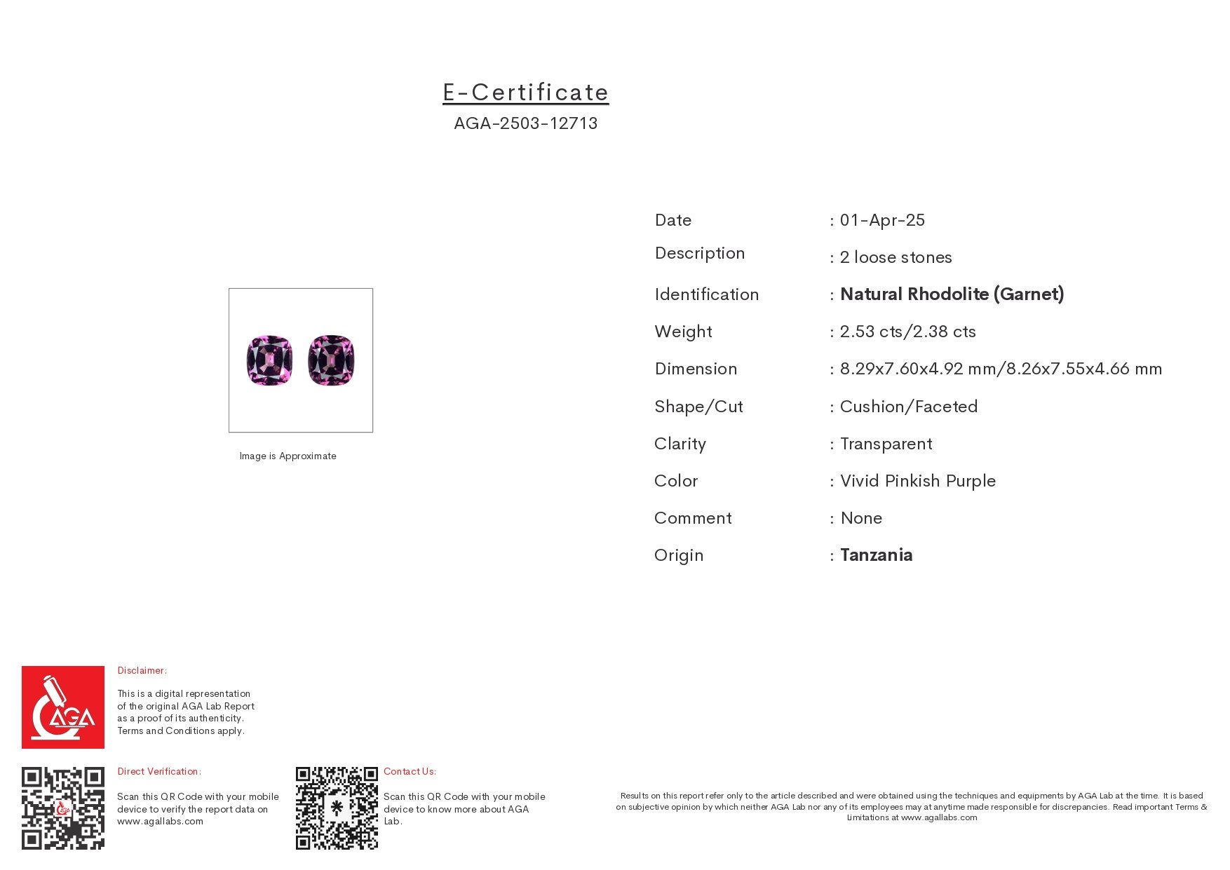 Pair of purple rhodolite cushion cut 4.91 carats, Tanzania Image №5