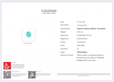 Certificate Turmalina Paraiba talla ovalada 3,61 quilates, Mozambique