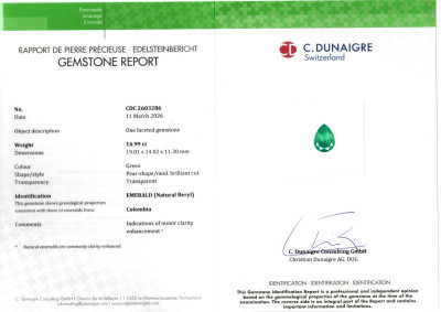 Certificate Ring with 14.99 ct Colombian emerald and diamonds, set in 900 platinum