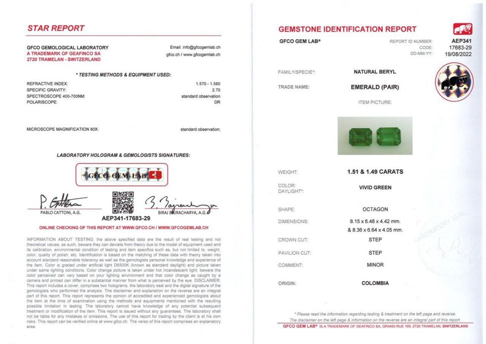 Certificate Pair of octagon cut emeralds 3.00 ct, Colombia
