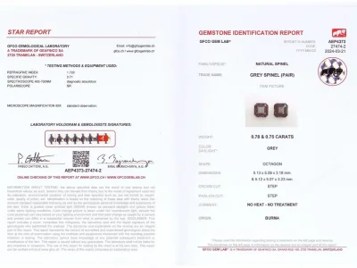 Certificate Pair of gray asscher-cut spinels 1.53 carats, Burma