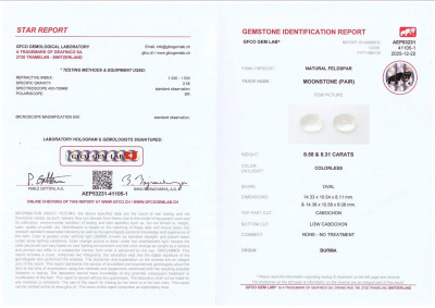 Certificate Un par de piedras lunares de talla cabujón de 16,89 quilates, Birmania