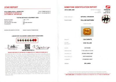 Certificate Saphir Leuchtend gelber radiant-schliff 1,64 karat, Sri Lanka