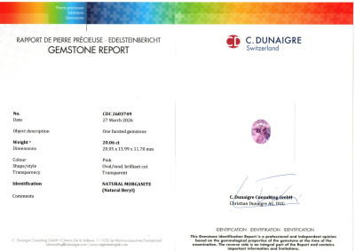 Certificate Ring with 20.06-carat morganite and diamonds in 900 platinum