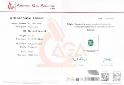 Certificate Esmeralda de corte octogonal de 1,26 carats, Colombia