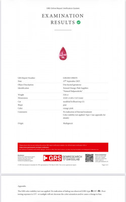 Certificate Unbehandelter, birnenförmig geschliffener Padparadscha-saphir 3,04 karat, Madagascar