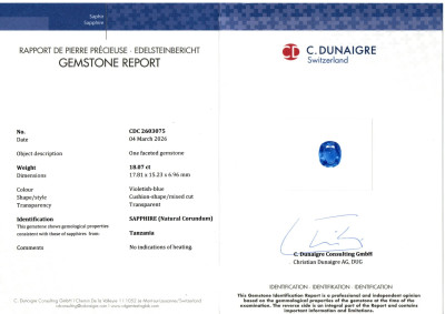 Certificate Ring with 18.07-carat Tanzanian sapphire and diamonds, set in 900 platinum