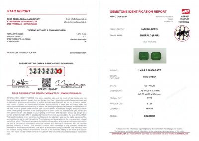 Certificate Pair of intense emeralds octagon cut 2.57 ct, Colombia