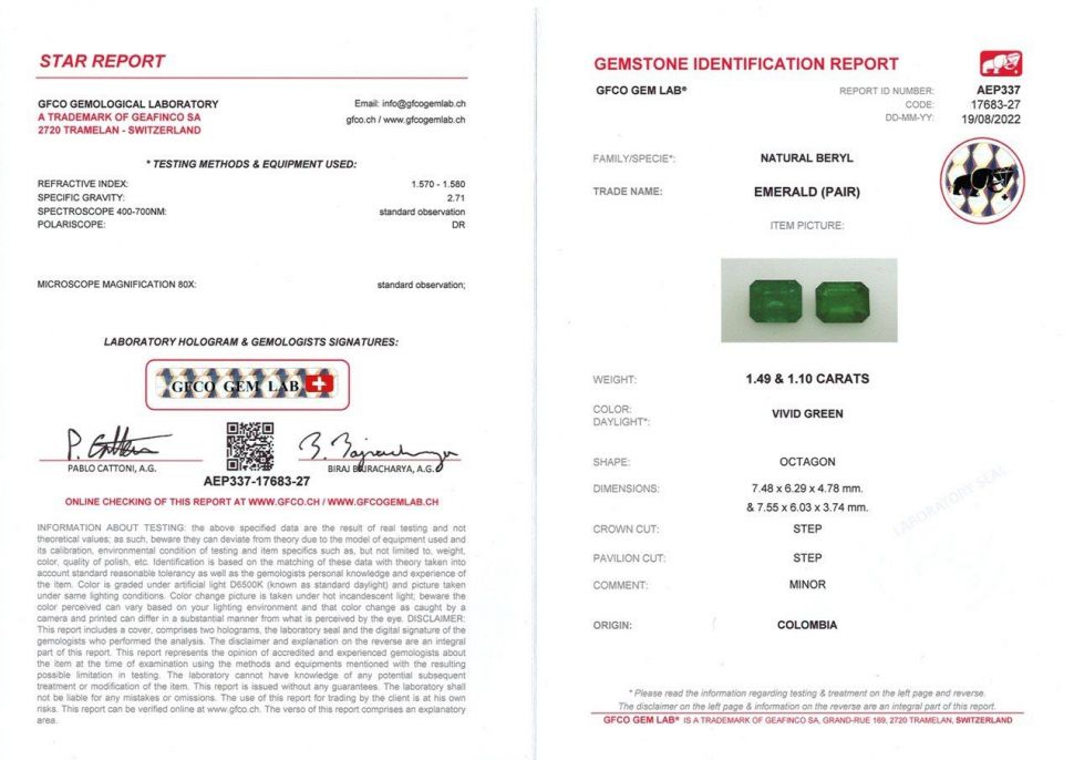 Certificate Pair of vibrant octagon-cut emeralds 2.57 ct, Colombia
