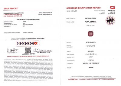 Certificate Burmese purple spinel 2.72 ct in octagon