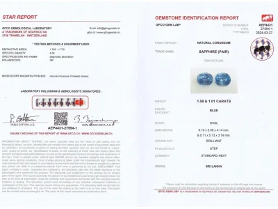 Certificate Paire de saphirs bleus taille ovale 2,10 carats, Sri Lanka