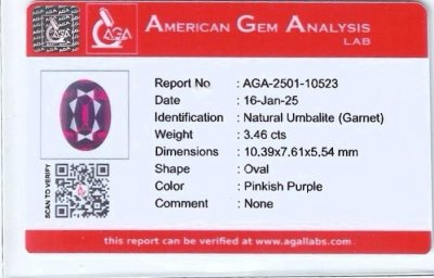 Certificate Granate umbalita morado, talla ovalada, 3,46 quilates, África