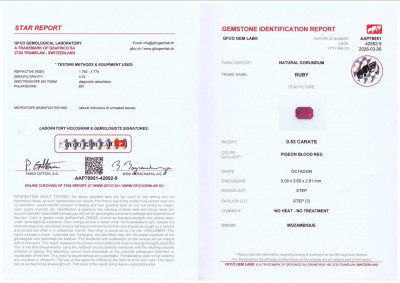 Certificate Unbehandelter, taubenblutroter rubin, achteckig geschliffen 0,53 karat, Mosambik