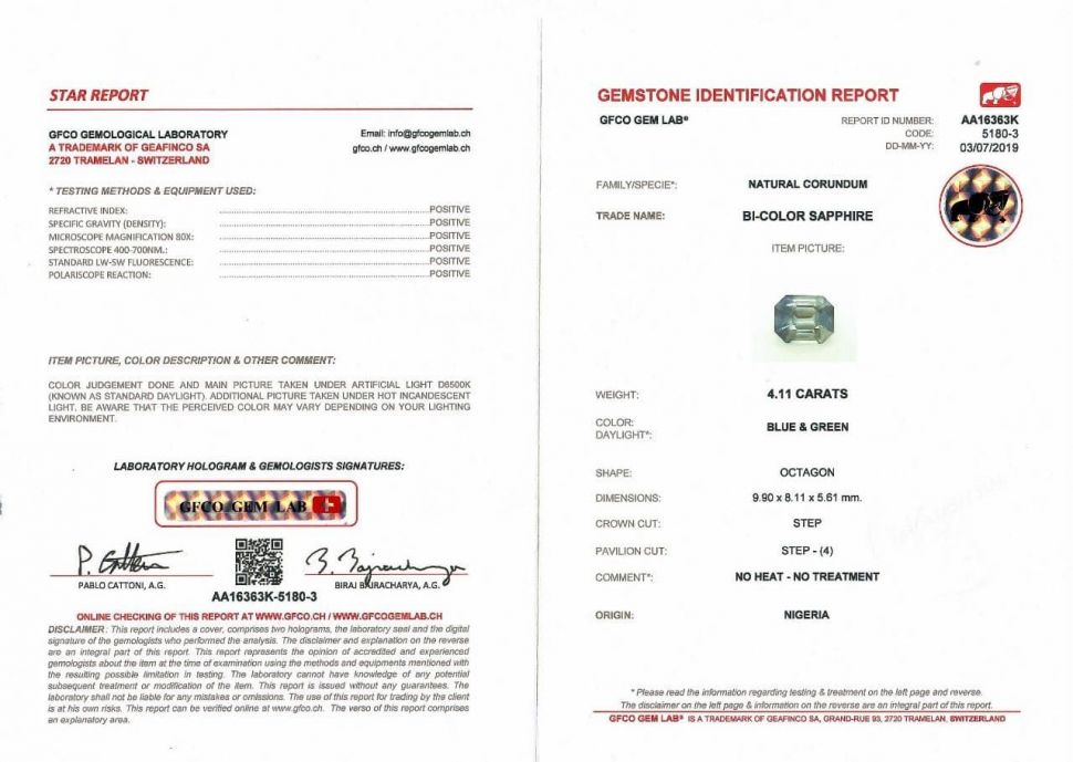 Certificate Teal sapphire 4.11 ct, Nigeria, GFCO
