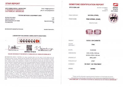 Certificate Pair of purple-pink spinels from Burma 3.17 ct