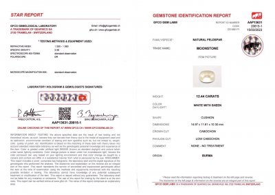 Certificate Burmese moonstone in sugar loaf cut 12.44 carats