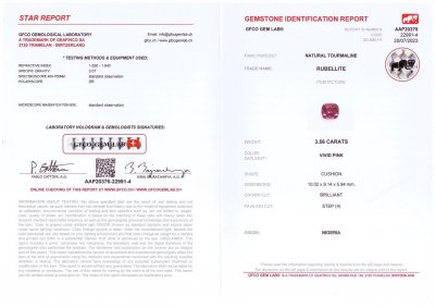 Certificate Cushion-cut rubellite tourmaline 3.56 ct, Nigeria