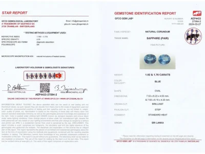 Certificate Paire de saphirs bleus taille ovale 3,68 carats, Sri Lanka