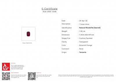 Certificate Rhodolite garnet cushion cut 1.82 carats, Tanzania