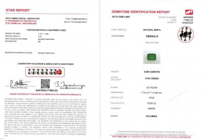 Certificate Vivid Green Emerald octagon shape 0.99 ct Colombia