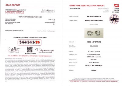 Certificate Pair of unheated cushion cut Burmese leucosapphires 3.16 ct