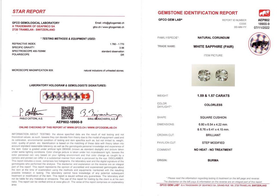 Certificate Pair of unheated cushion-cut Burmese leucosapphires 3.16 ct