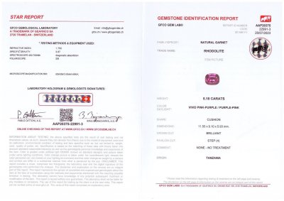 Certificate Grenat rhodolite taille coussin de Tanzanie, 5,18 ct