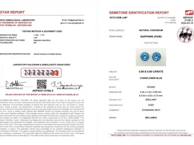 Certificate Pair of cornflower blue sapphires, circle cut, 1.79 carats, Sri Lanka