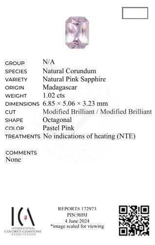 Saphir rose non raffiné (Baby Pink) taille radiant 1,02 carats, Madagascar Image №6