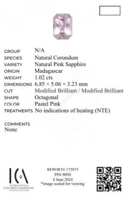Certificate Saphir rose non raffiné (Baby Pink) taille radiant 1,02 carats, Madagascar