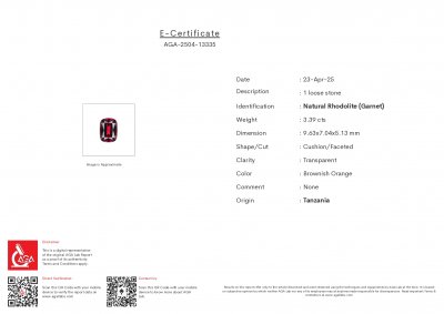 Certificate Rhodolite garnet cushion cut 3.39 carats, Tanzania