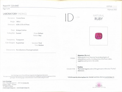 Certificate Unheated ruby Vivid pink red cushion cut 1.80 carats, Burma