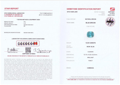 Certificate Zircon bleu taille coussin de 12,03 carats, Cambodge