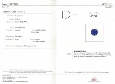Certificate Unique bright bluish-purple spinel 14.05 ct, Sri Lanka, Lotus, GRS
