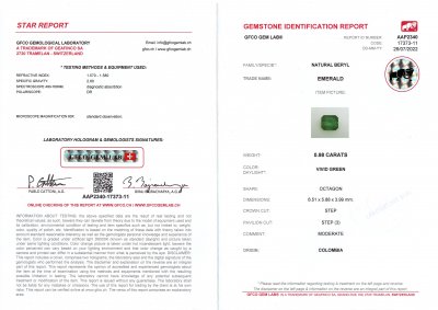 Certificate Colombian Vivid Green Emerald 0.98 ct