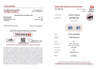 Certificate Pair of oval cut Cornflower sapphires 0.71 ct, Sri Lanka