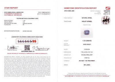 Certificate Spinelle violet 1,72 carats taille coussin, Sri Lanka