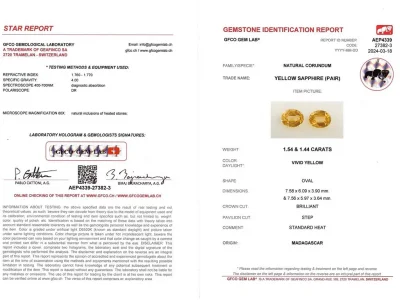 Certificate Paire de saphirs taille ovale jaune vif 2,98 carats, Madagascar