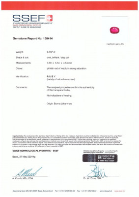 Certificate Rubis rouge rose non chauffé, taille ovale, 2,007 carats, Birmanie 