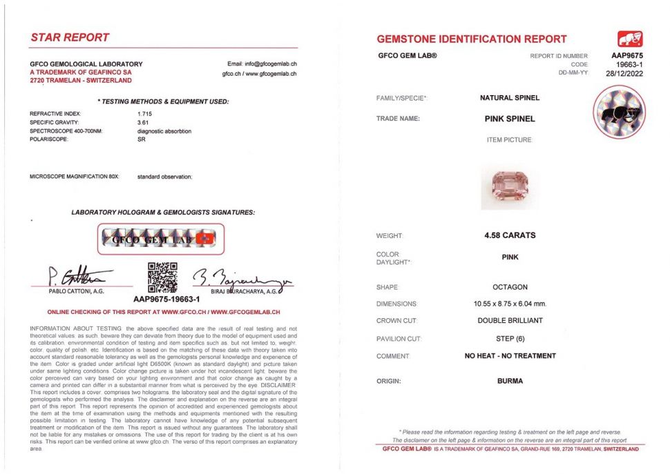 Certificate Pastel pink Burmese spinel 4.58 ct
